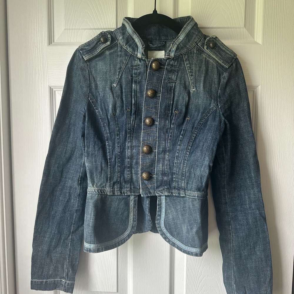 Vintage Diesel Fitted Dark Denim Jacket with Peplum Waist and Large Gold Buttons